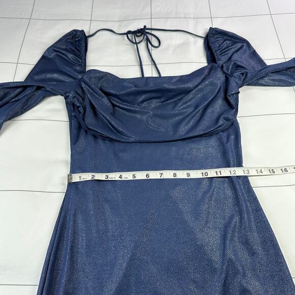 Lucy in the Sky Dress Womens Medium Blue Foil Flare Sleeve Mini Party Drape - Picture 8 of 11